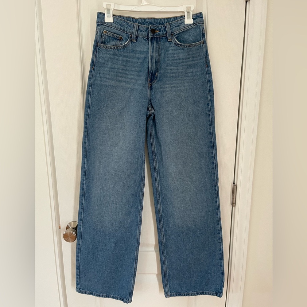 &Denim Wide Leg Ultra High Waist Jean Raw Hem Detail